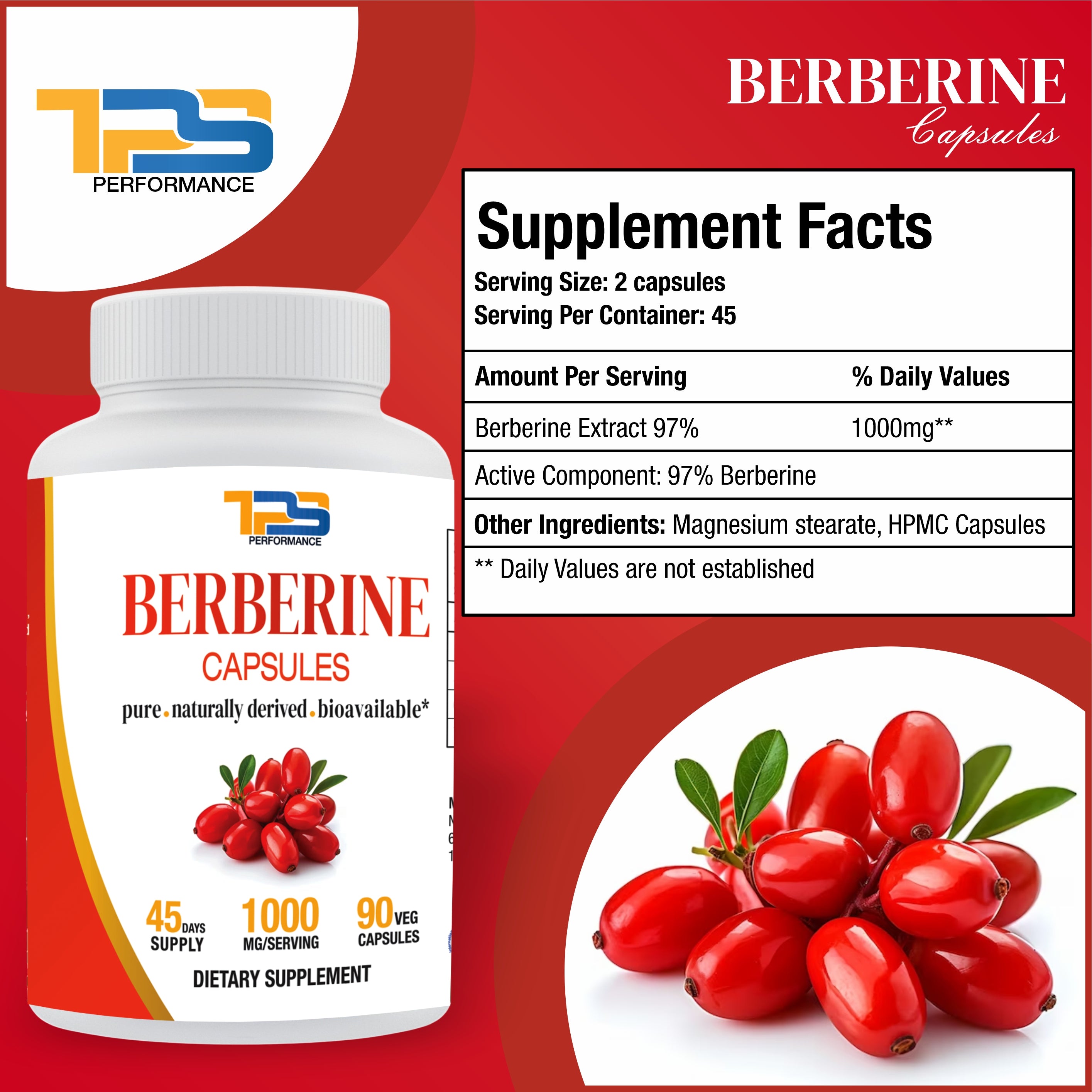 Berberine Capsules 97% Extract | 90 Veg Capsules, 45 days Supply| Pure & Natural | Chemical Free| Preservatives Free| 1000 mg per serving